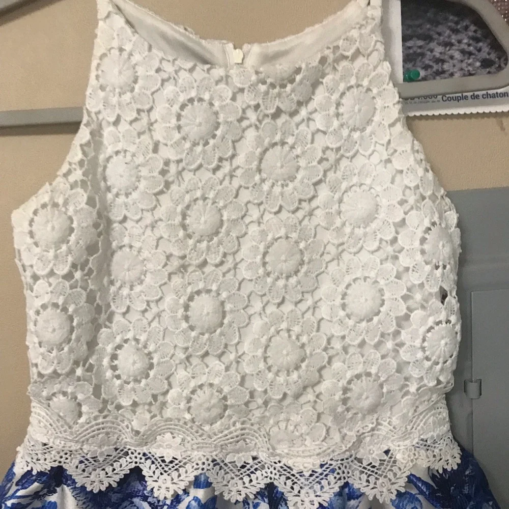 White and Blue Floral Kids Dress - Picture 3 of 7